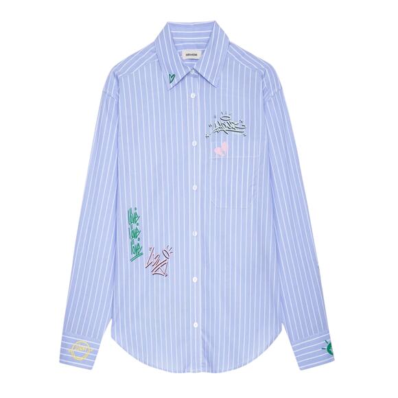 ZADIG & VOLTAIRE Tais Raye Tag Stripe Cotton Graphic Shirt S - Picture 1 of 9